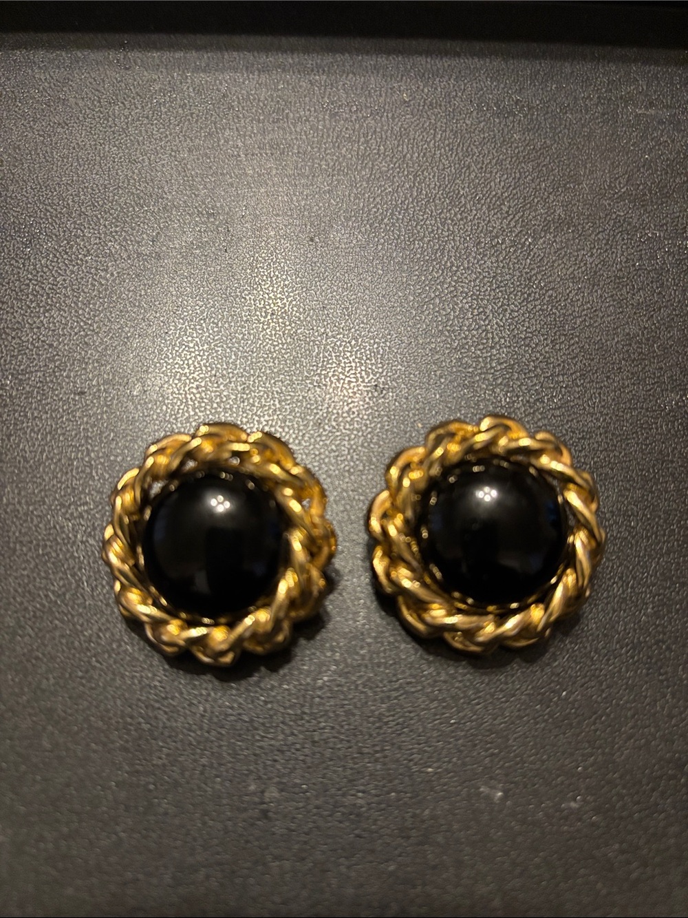 Christian Dior Gold-Tone Black Cabochon Rope-Frame Clip Earrings - Women Jewlry